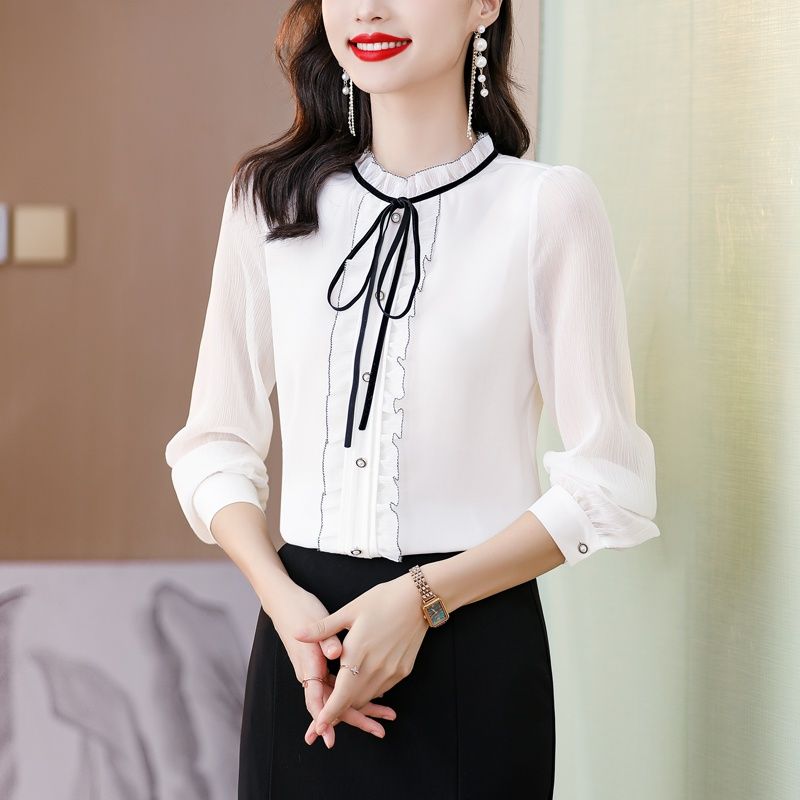 2024早春新款長袖襯衫設計感小眾雪紡衫上衣女超仙木耳邊系帶小衫