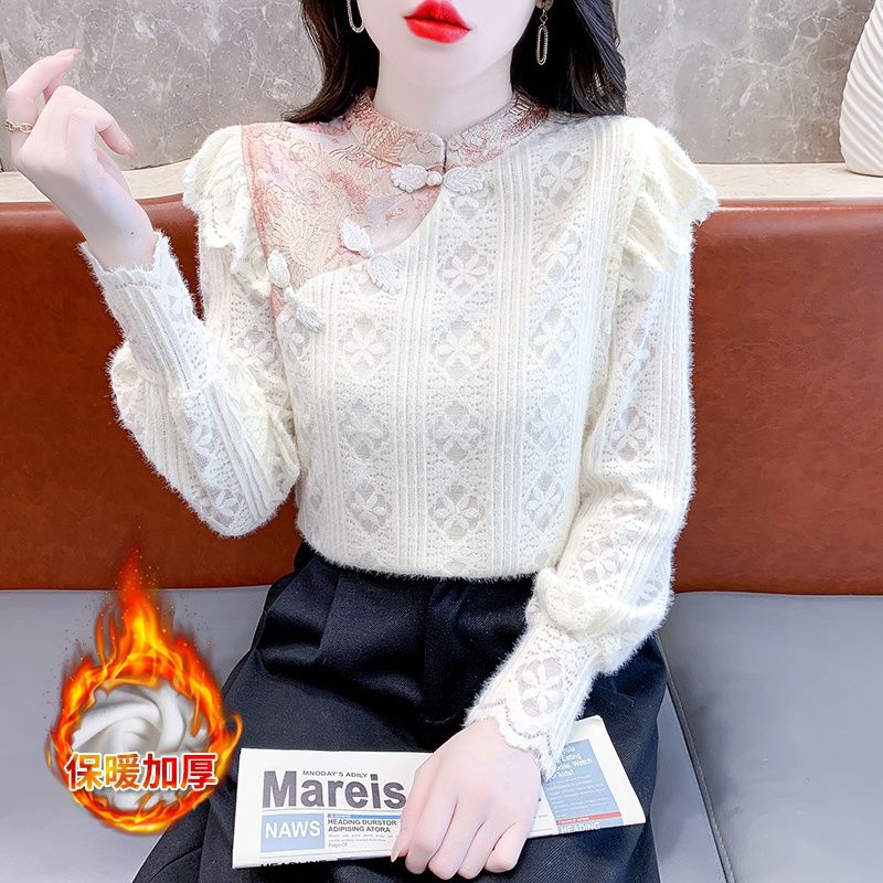 國風新中式襯衫女秋冬2024新款別致拼接蕾絲襯衣內搭保暖顯瘦上衣