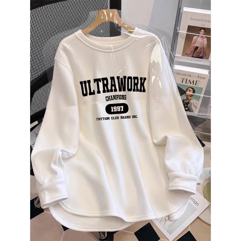 Plush velvet and thickened brushed bottoming shirt for women in autumn and winter with ins design inside mid-length loose top long-sleeved T-shirt