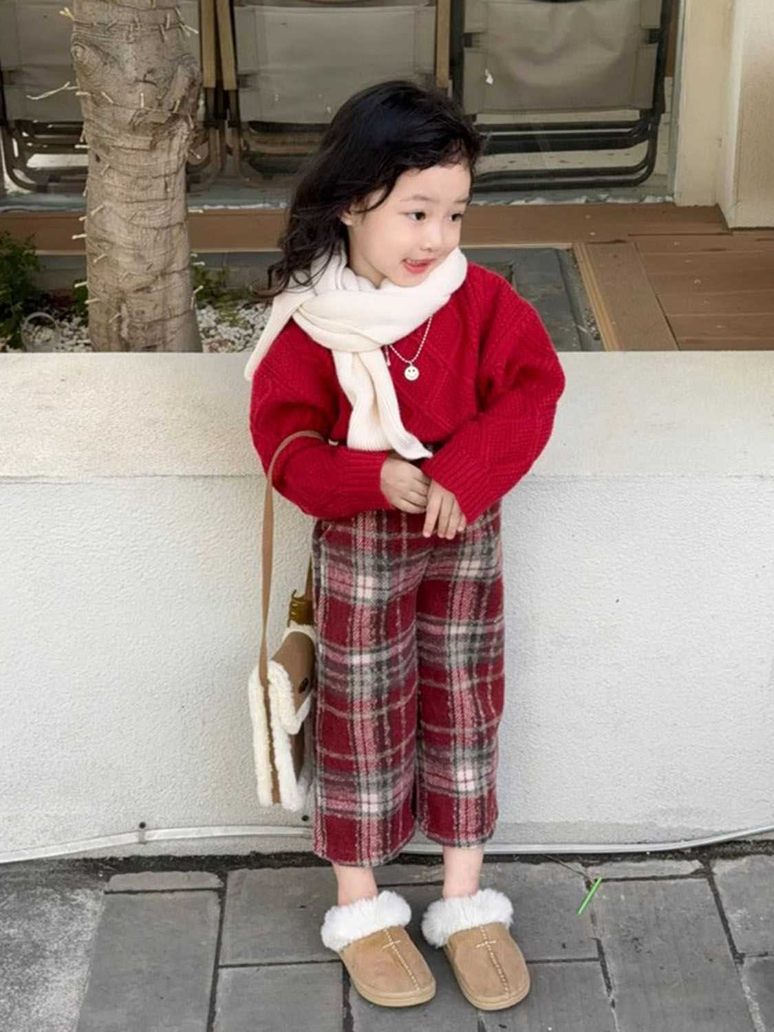 韩国童装2023秋冬新款圣诞新年红色针织毛衣女宝宝洋气格子直筒裤