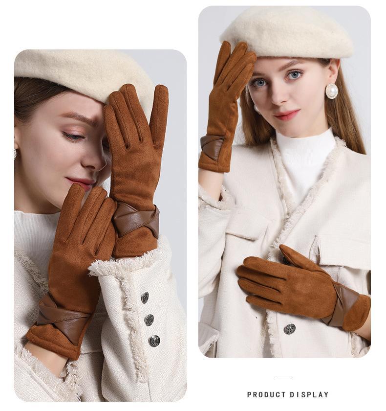 Suede gloves women's winter riding driving windproof warm gloves touch screen retro Xiaoxiangfeng leather gloves_voghion.com
