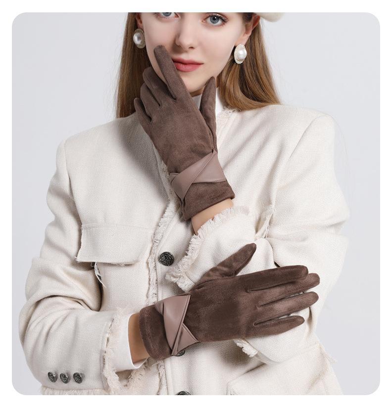 Suede gloves women's winter riding driving windproof warm gloves touch screen retro Xiaoxiangfeng leather gloves_voghion.com