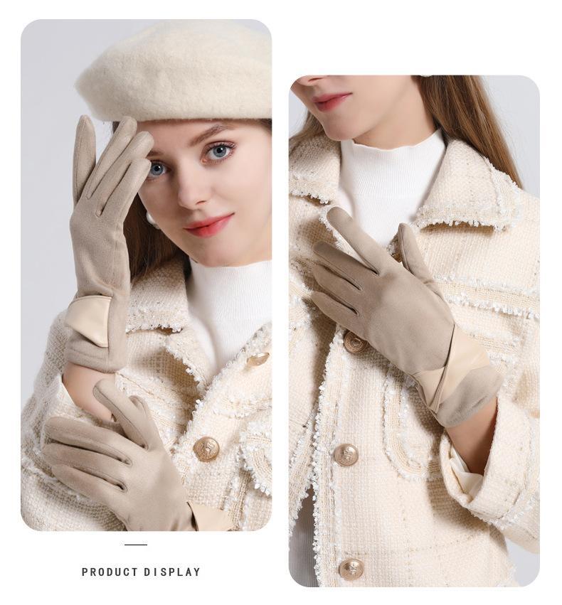 Suede gloves women's winter riding driving windproof warm gloves touch screen retro Xiaoxiangfeng leather gloves_voghion.com