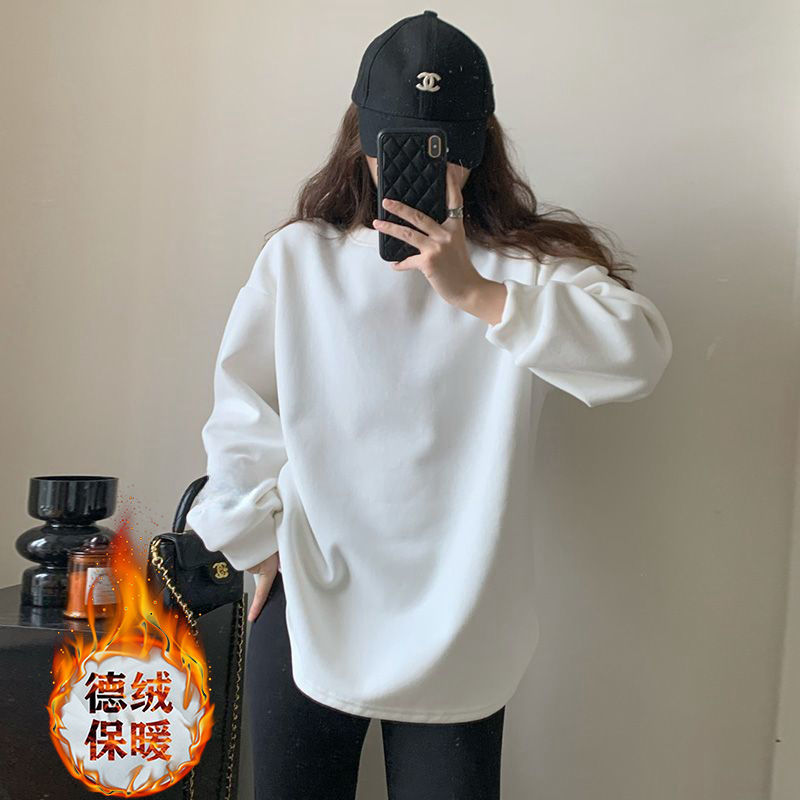 德絨t恤白色打底衫女冬季加絨加厚寬鬆大版慵懶風內搭長袖上衣服