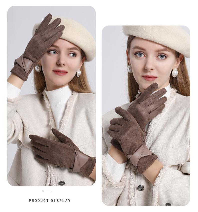 Suede gloves women's winter riding driving windproof warm gloves touch screen retro Xiaoxiangfeng leather gloves_voghion.com