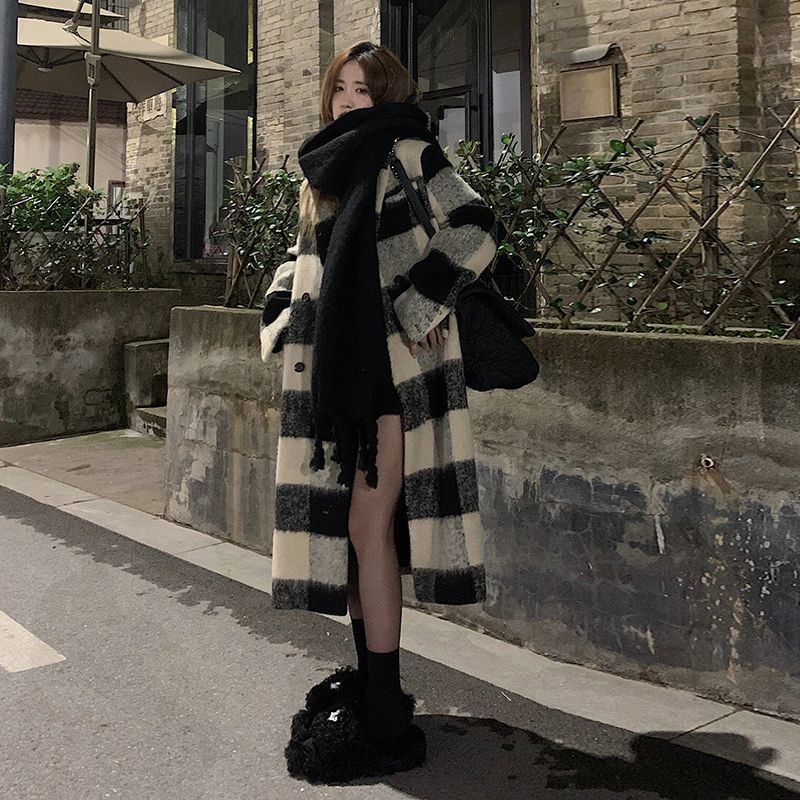 黑白格子毛呢外套女中長款2023新款秋冬小個子高級感加厚呢子大衣