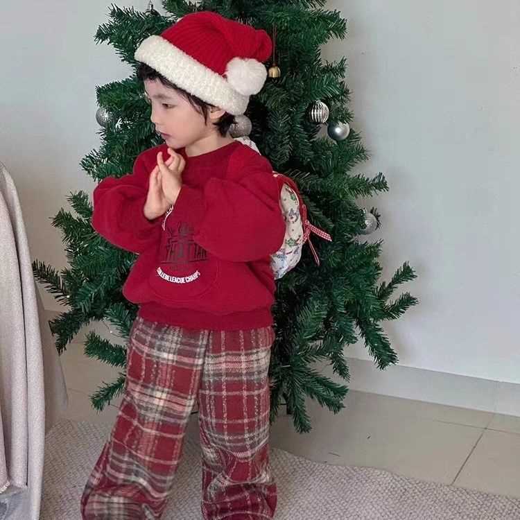  Christmas Outfits Children's Fashionable Velvet Suits Winter New Year Red New Year Clothes Baby Plaid Pants Suits