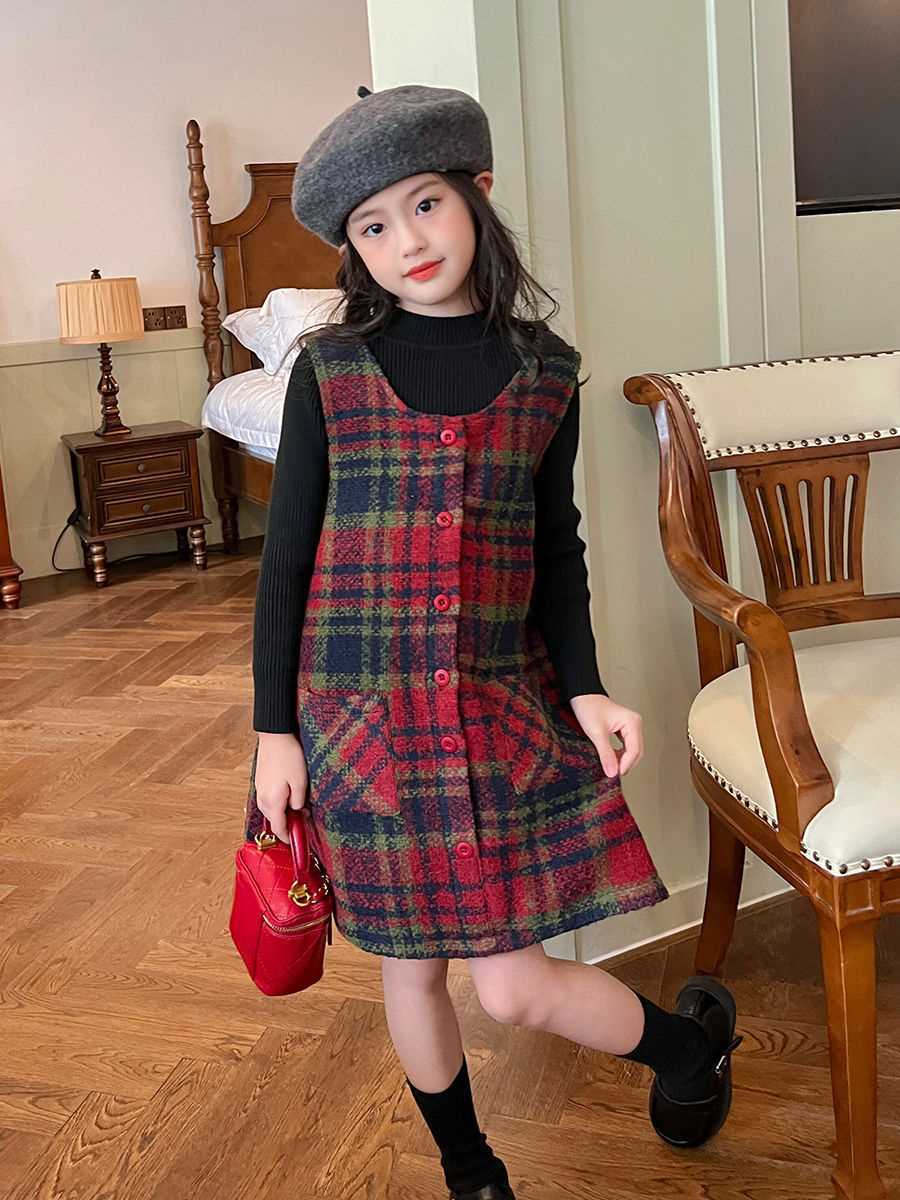 爆款中大童裝女童毛呢格子背心裙秋冬2023新款兒童寶寶連衣裙中厚