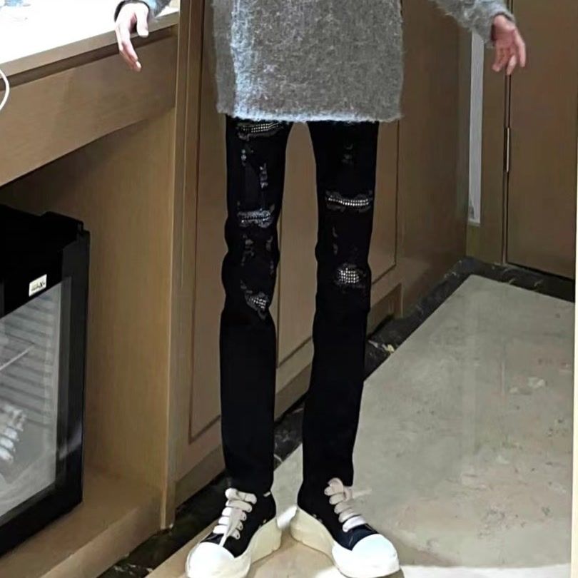 春秋新款刀割牛仔褲男潮牌高街休閒百搭修身小腳做舊補丁美式長褲