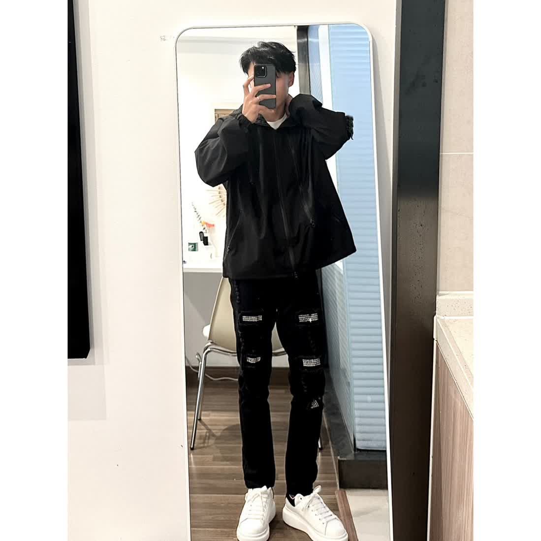 美式修身黑色小腳褲破洞燙鑽牛仔褲男網紅痞帥高街直筒休閒長褲子