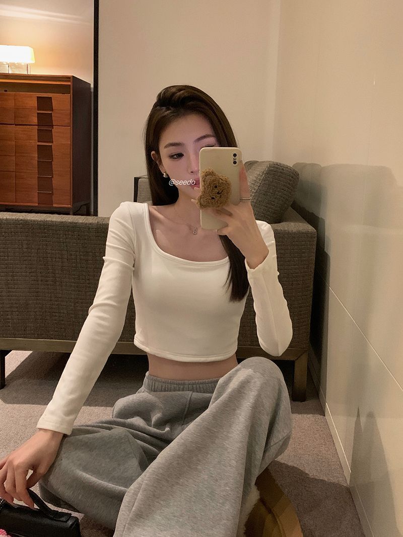純欲風辣妹u領長袖t恤女秋季高腰露臍白色內搭打底衫修身短款上衣