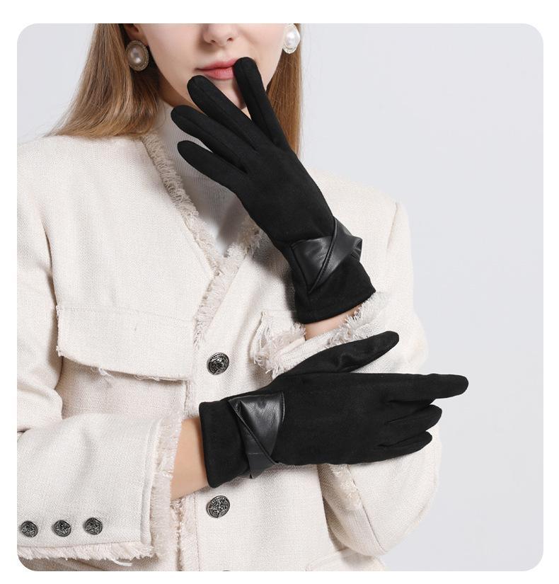 Suede gloves women's winter riding driving windproof warm gloves touch screen retro Xiaoxiangfeng leather gloves_voghion.com