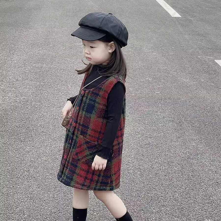 2023女童秋冬格紋毛呢背心裙子中小童裝女寶寶韓版可愛甜美連衣裙