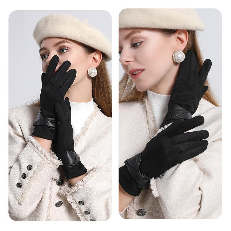 Suede gloves women's winter riding driving windproof warm gloves touch screen retro Xiaoxiangfeng leather gloves_voghion.com
