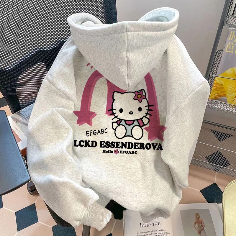 純棉甜酷HelloKitty印花連帽衛衣男女秋冬學院風加絨寬鬆情侶外套