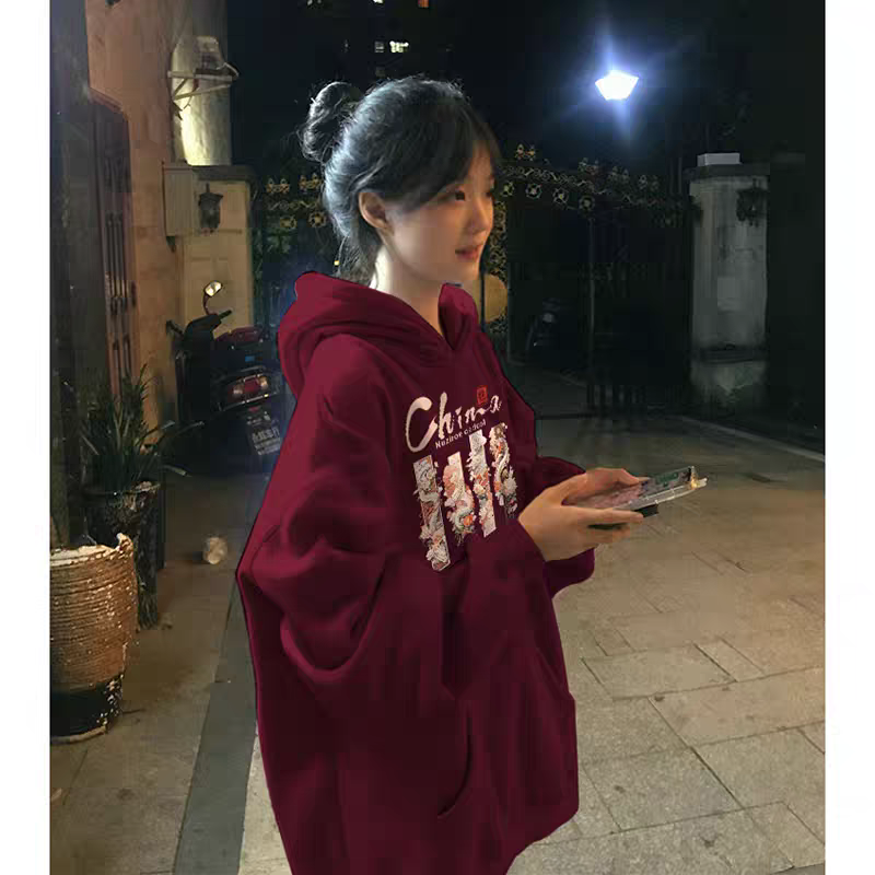 OUKABUYI450G重磅銀狐絨純棉連帽衛衣女國風oversize運動休閒上衣