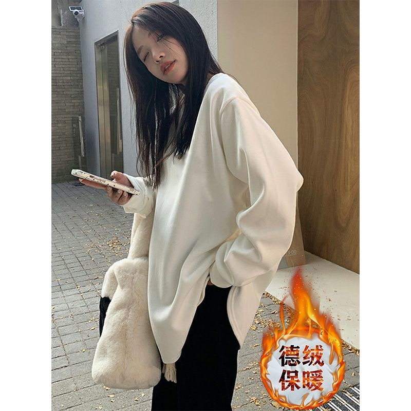 白色打底衫女中長款t恤遮屁加絨加厚上衣寬鬆圓領百搭長袖氣質款