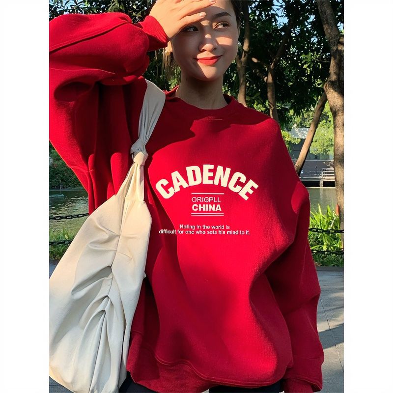 大紅色加絨加厚新年衛衣女春季圓領小眾國潮oversize套頭衫上衣潮