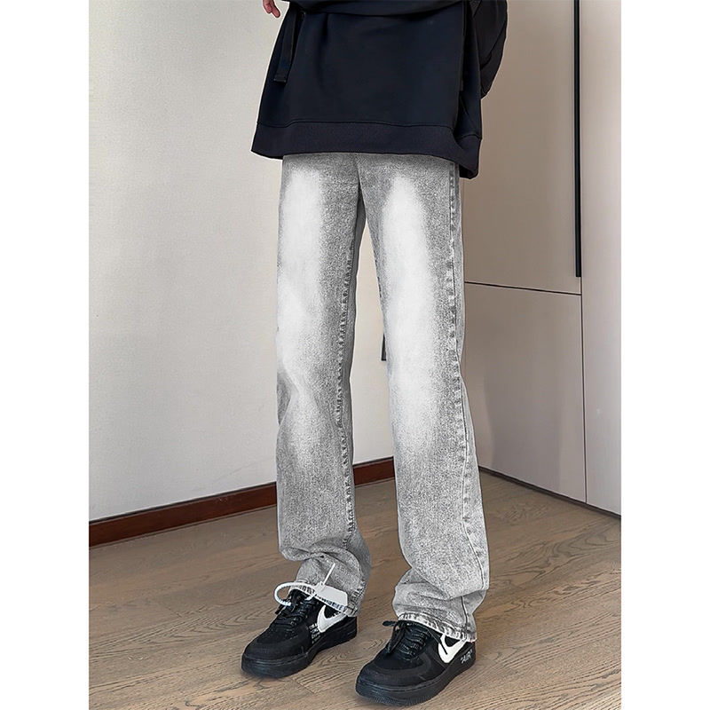 美式水洗复古烟灰色牛仔裤男潮牌高街cleanfit修身显瘦窄版休闲裤
