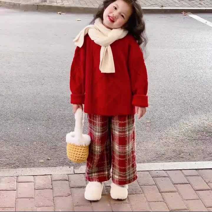 女童聖誕紅色毛衣新年保暖針織衫上衣洋氣冬裝套頭衫女寶年服