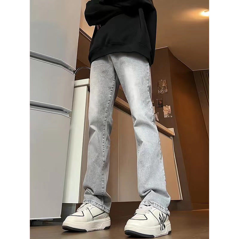 美式vibe風微喇叭牛仔褲男潮流高個子窄版顯瘦cleanfit修身直筒褲