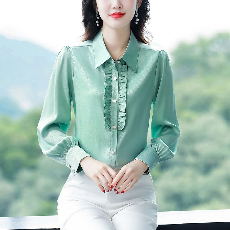 2024春秋新款木耳領桑蠶絲上衣襯衫女高端洋氣顯瘦打底襯衣上衣女