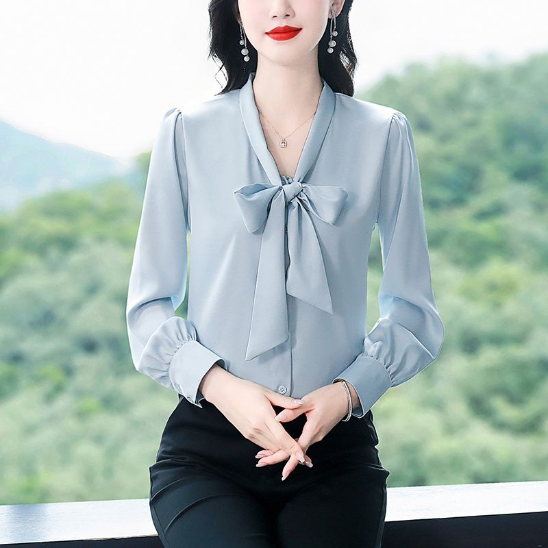 蝴蝶結襯衫女長袖設計感小眾上衣秋裝新款法式顯瘦小眾緞面襯衣女