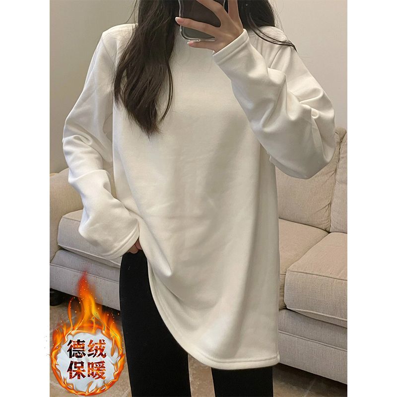 秋冬德絨加絨加厚白色長袖T恤女2023新款寬鬆打底衫內搭上衣小眾