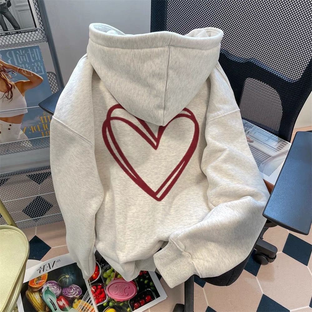秋冬簡約潮牌愛心印花連帽衛衣男女加絨加厚寬鬆休閒情侶外套上衣