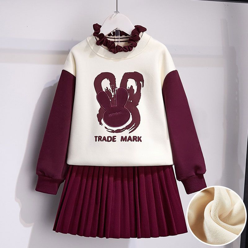 Girls suit autumn and winter 2024 new Korean style fashionable foreign style children's plus velvet college style skirt two-piece trendy set