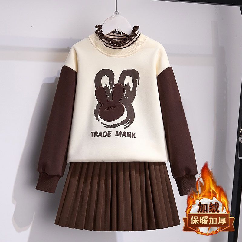 Girls suit autumn and winter 2024 new Korean style fashionable foreign style children's plus velvet college style skirt two-piece trendy set