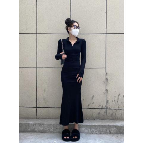 Long skirt for women in autumn, hot girl pure lust style long-sleeved figure-showing dress above the knee, high-end hip-hugging fishtail skirt