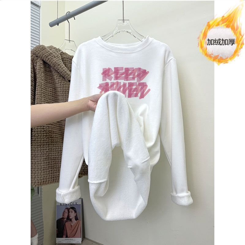 雙面德絨長袖t恤女百搭圓領打底衫秋冬加厚磨毛白色印花寬鬆T恤女