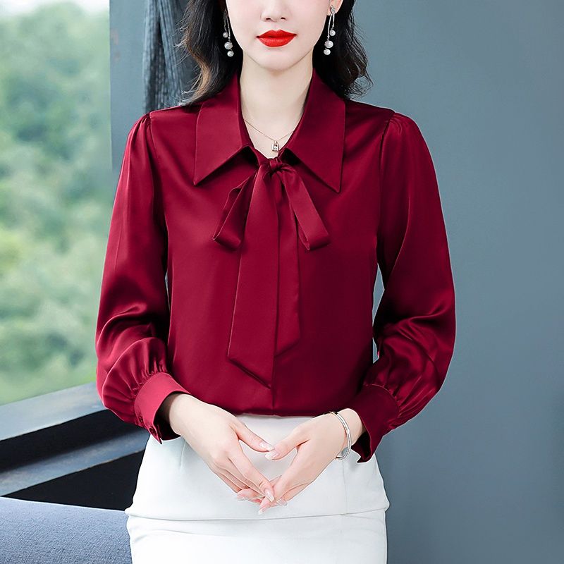 緞面蝴蝶結白色襯衫女設計感小眾港風職業OL通勤面試氣質襯衣女潮