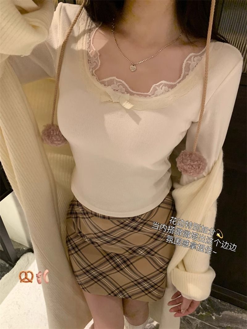 純欲風恤女秋冬長袖小個子蕾絲拼接花邊設計感修身休閒短上衣女