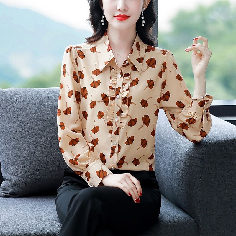 2024春秋新款木耳領桑蠶絲上衣襯衫女高端時尚洋氣顯瘦打底襯衣女