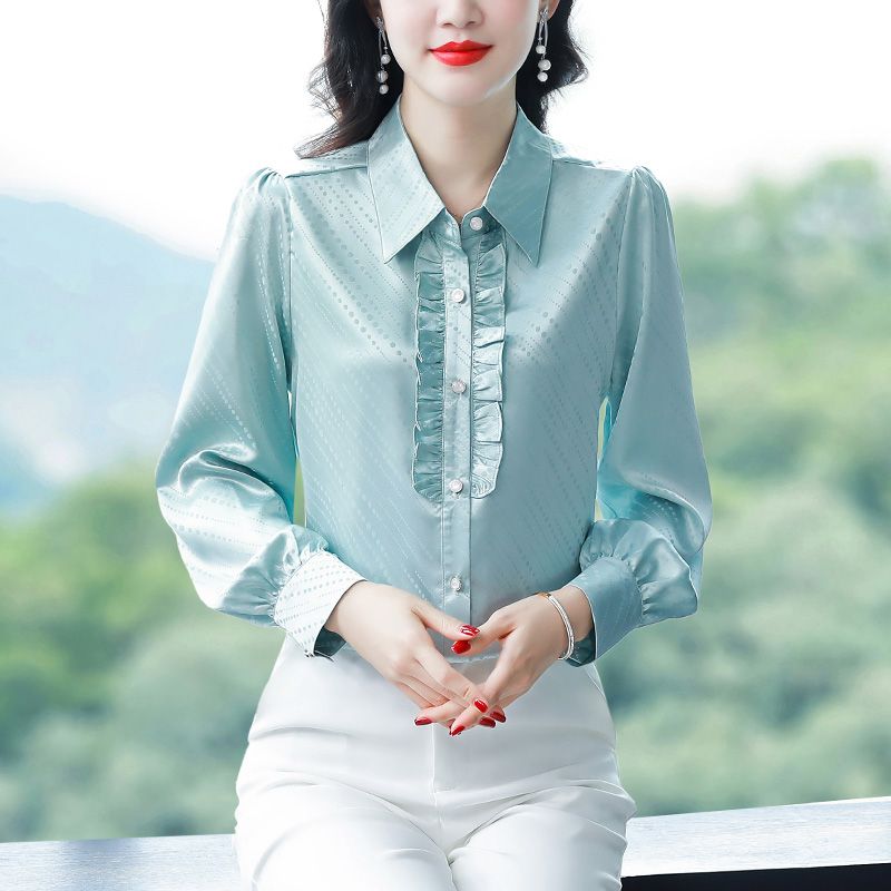 2024春秋新款木耳領桑蠶絲上衣襯衫女高端時尚洋氣顯瘦打底襯衣女