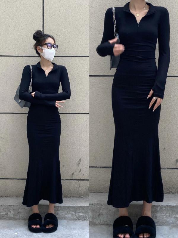 Long skirt for women in autumn, hot girl pure lust style long-sleeved figure-showing dress above the knee, high-end hip-hugging fishtail skirt