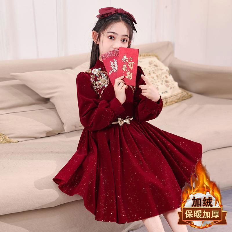 女童連衣裙2024新款中國風兒童拜年服新年裝紅色喜慶禮服公主裙子