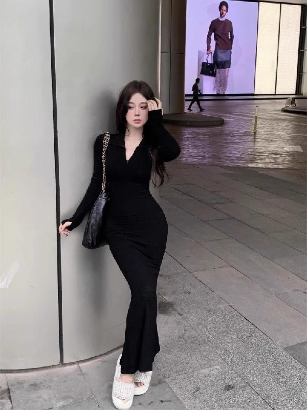長裙女春秋辣妹純欲風長袖顯身材連衣裙過膝高級感包臀魚尾裙