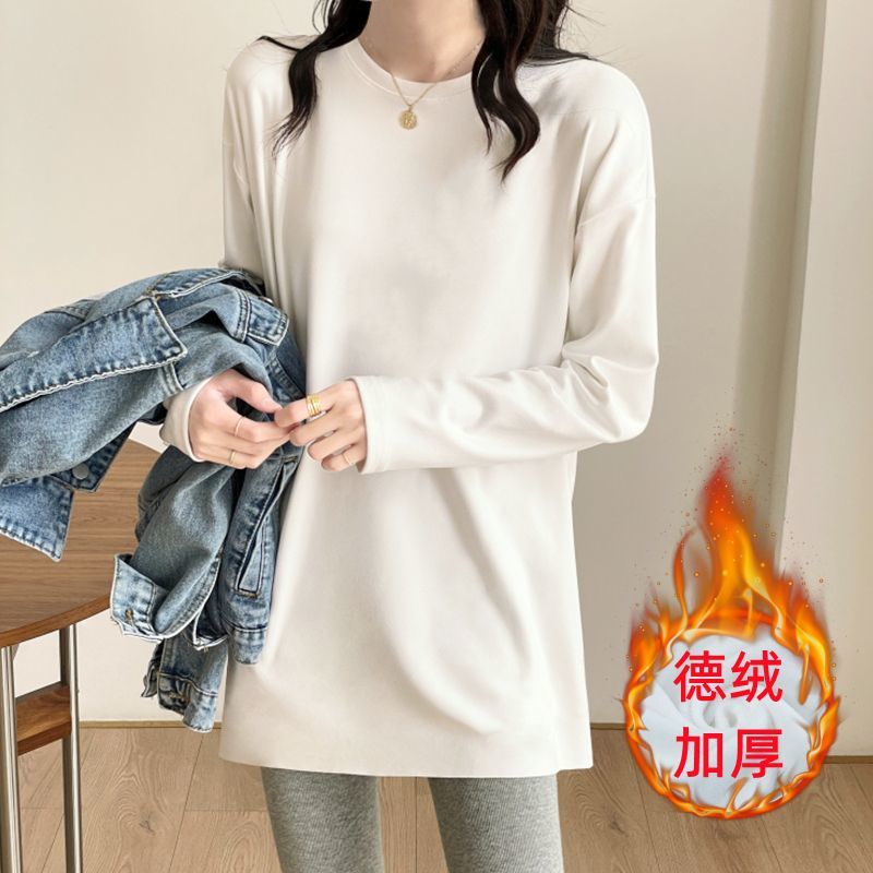 白色中長款打底衫女配鯊魚褲的上衣秋冬新款德絨加厚長袖內搭T恤