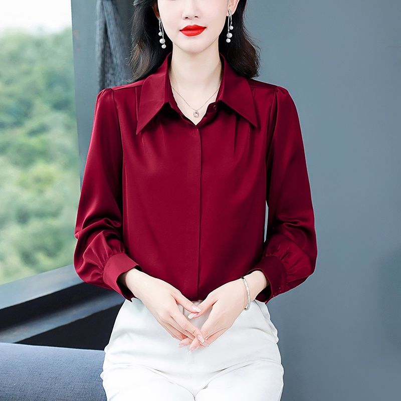 高級感緞面白色襯衫女長袖2024春裝新款通勤法式襯衣職業顯瘦上衣