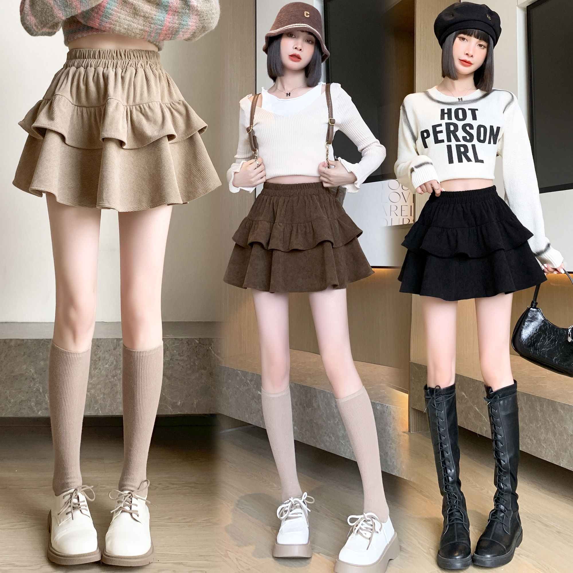 High-waisted puffy skirt slimming short skirt skirt spring and autumn women's cake skirt 2024 new a-line skirt pleated skirt trendy