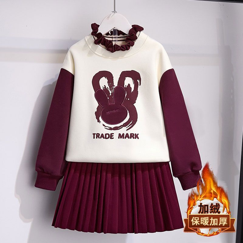 Girls suit autumn and winter 2024 new Korean style fashionable foreign style children's plus velvet college style skirt two-piece trendy set