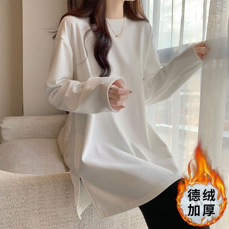 保暖加絨長袖t恤德絨白色秋冬新款打底衫女加厚磨毛內搭寬鬆T洋氣