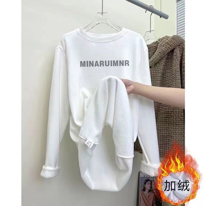 加厚雙面德絨圓領白色印花打底衫女加絨秋冬磨毛內搭寬鬆長袖t恤