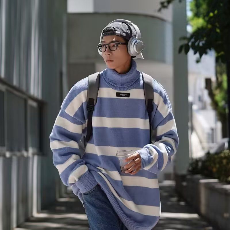高領條紋毛衣男女軟糯秋冬保暖慵懶寬鬆ins學生百搭打底衫針織衫