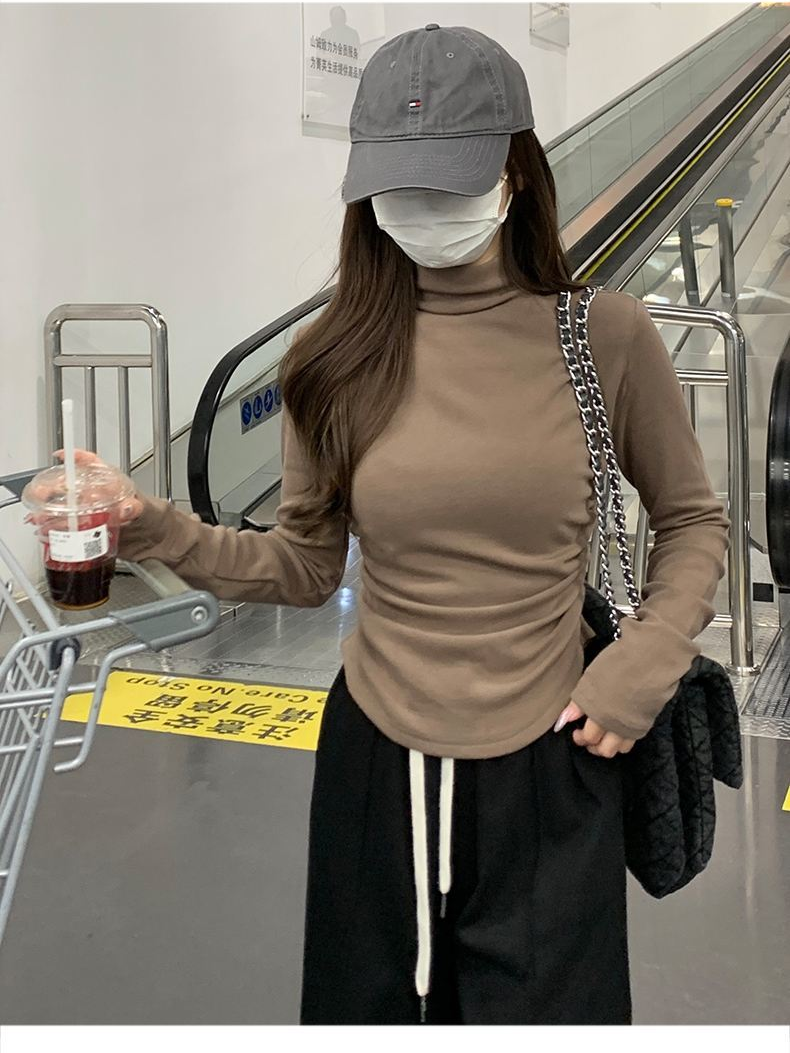 Velvet semi-turtleneck bottoming shirt for women in autumn and winter, slim-fitting pleated pure lust style long-sleeved T-shirt short top