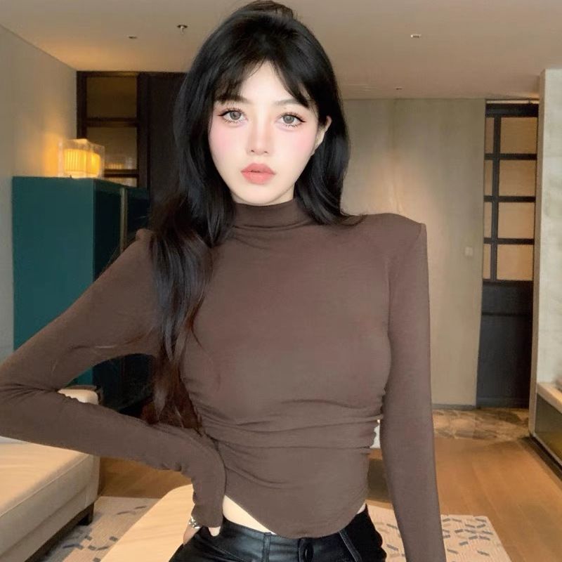 Velvet semi-turtleneck bottoming shirt for women in autumn and winter, slim-fitting pleated pure lust style long-sleeved T-shirt short top