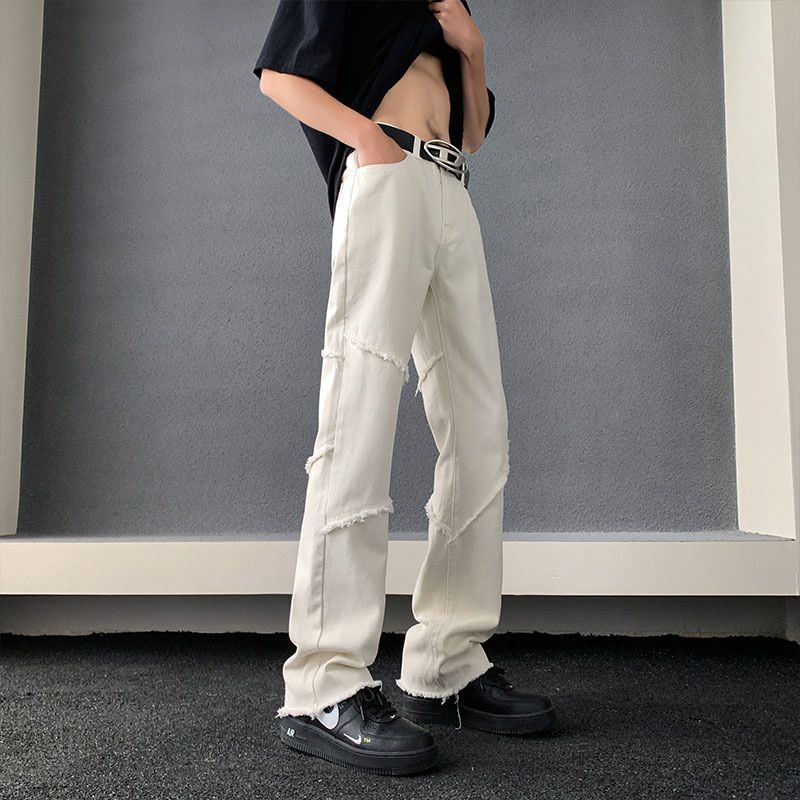 美式vibe风cleanfit水洗黑色微喇牛仔裤男潮设计感毛边修身直筒裤